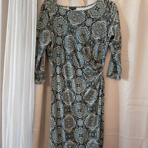 Talbots Teal and Black Patterned Long Sleeve Dress